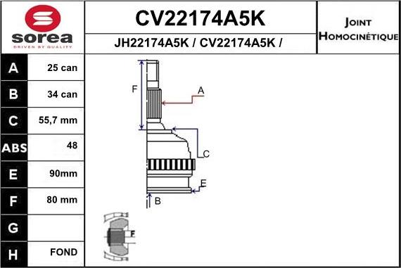 EAI CV22174A5K - Шарнірний комплект, ШРУС, приводний вал autocars.com.ua