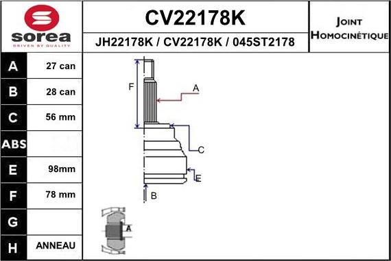 EAI CV22178K - Шарнірний комплект, ШРУС, приводний вал autocars.com.ua
