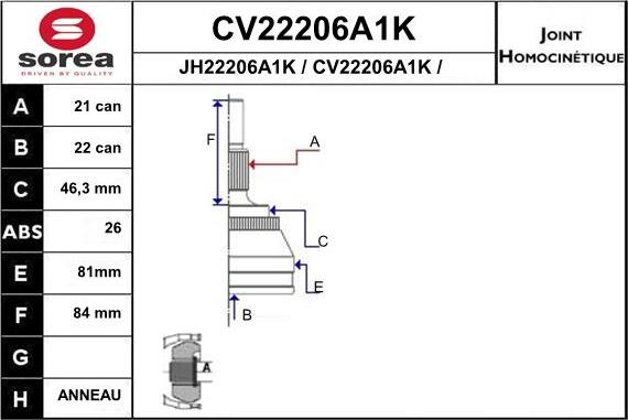 EAI CV22206A1K - Шарнірний комплект, ШРУС, приводний вал autocars.com.ua