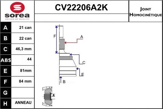 EAI CV22206A2K - Шарнірний комплект, ШРУС, приводний вал autocars.com.ua