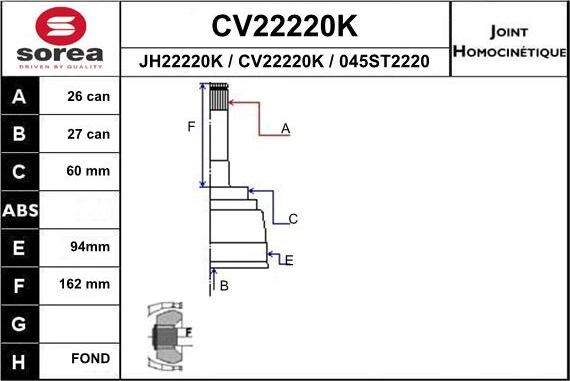 EAI CV22220K - Шарнірний комплект, ШРУС, приводний вал autocars.com.ua