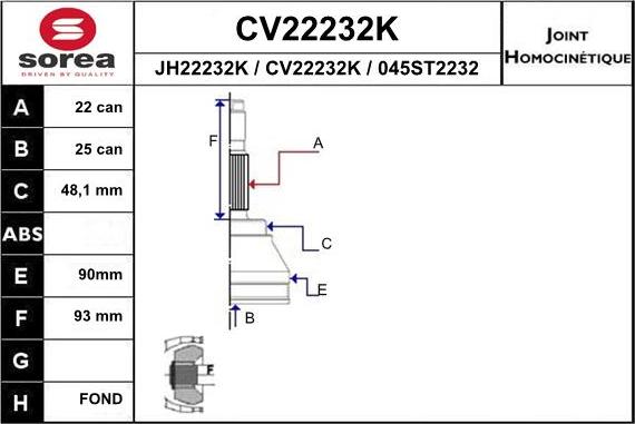EAI CV22232K - Шарнірний комплект, ШРУС, приводний вал autocars.com.ua