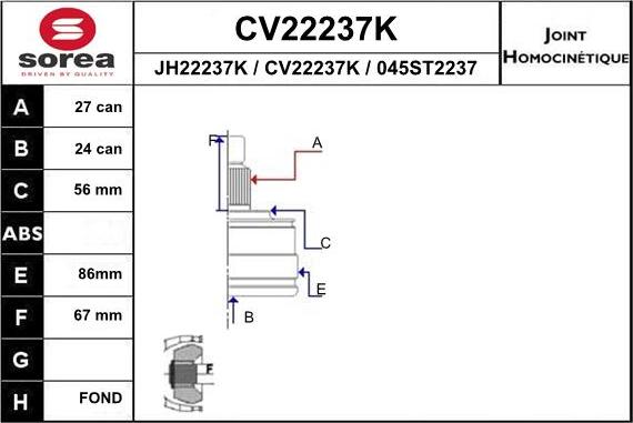 EAI CV22237K - Шарнірний комплект, ШРУС, приводний вал autocars.com.ua