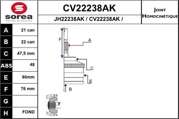 EAI CV22238AK - Шарнірний комплект, ШРУС, приводний вал autocars.com.ua