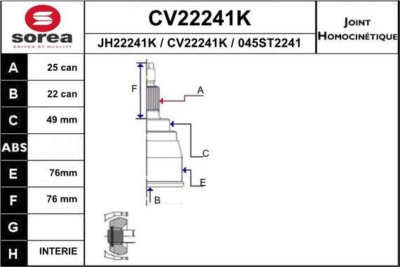 EAI CV22241K - Шарнірний комплект, ШРУС, приводний вал autocars.com.ua