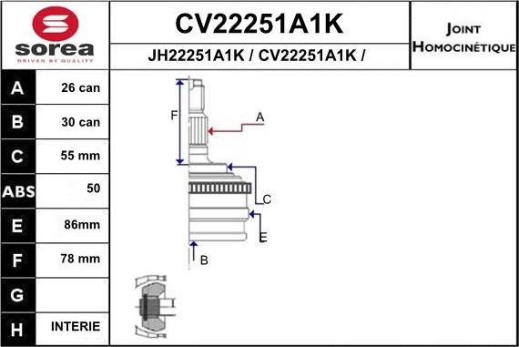 EAI CV22251A1K - Шарнірний комплект, ШРУС, приводний вал autocars.com.ua