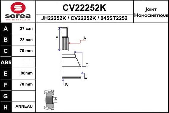 EAI CV22252K - Шарнірний комплект, ШРУС, приводний вал autocars.com.ua