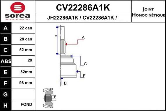 EAI CV22286A1K - Шарнірний комплект, ШРУС, приводний вал autocars.com.ua