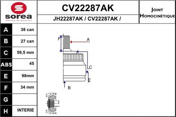 EAI CV22287AK - Шарнірний комплект, ШРУС, приводний вал autocars.com.ua