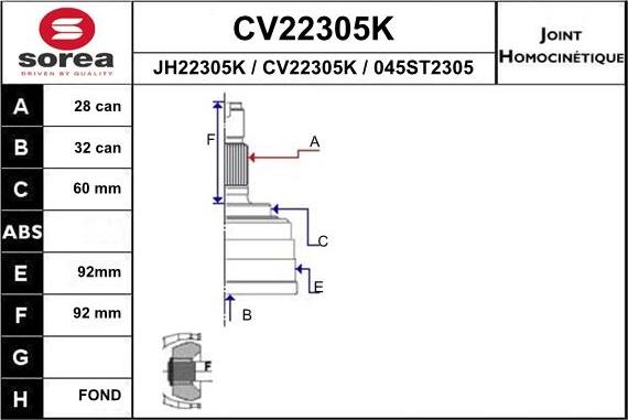 EAI CV22305K - Шарнірний комплект, ШРУС, приводний вал autocars.com.ua