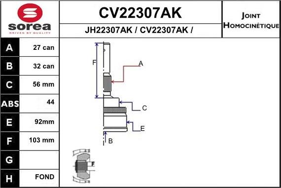 EAI CV22307AK - Шарнірний комплект, ШРУС, приводний вал autocars.com.ua