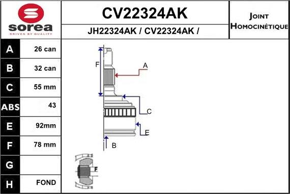 EAI CV22324AK - Шарнірний комплект, ШРУС, приводний вал autocars.com.ua