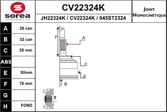 EAI CV22324K - Шарнірний комплект, ШРУС, приводний вал autocars.com.ua
