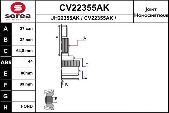 EAI CV22355AK - Шарнірний комплект, ШРУС, приводний вал autocars.com.ua