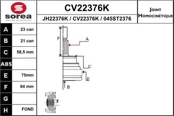 EAI CV22376K - Шарнірний комплект, ШРУС, приводний вал autocars.com.ua