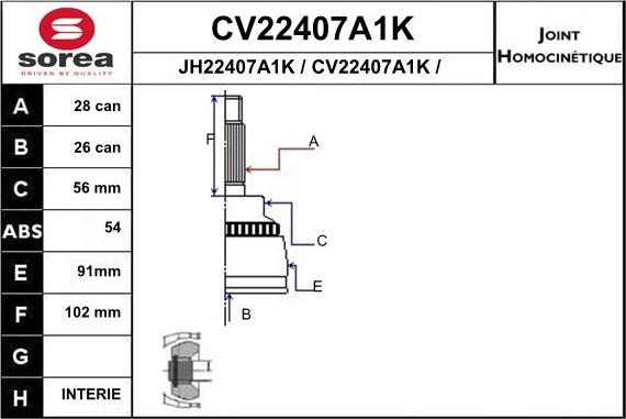 EAI CV22407A1K - Шарнірний комплект, ШРУС, приводний вал autocars.com.ua