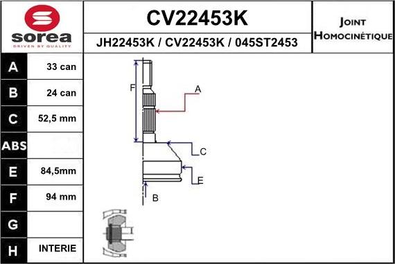 EAI CV22453K - Шарнірний комплект, ШРУС, приводний вал autocars.com.ua