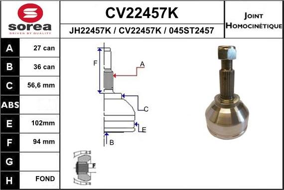 EAI CV22457K - Шарнірний комплект, ШРУС, приводний вал autocars.com.ua