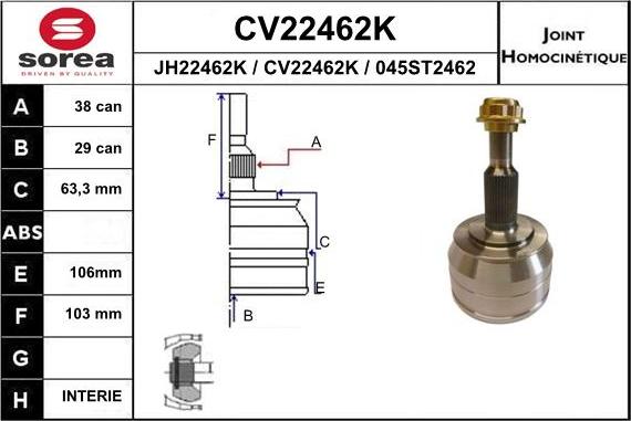 EAI CV22462K - Шарнірний комплект, ШРУС, приводний вал autocars.com.ua