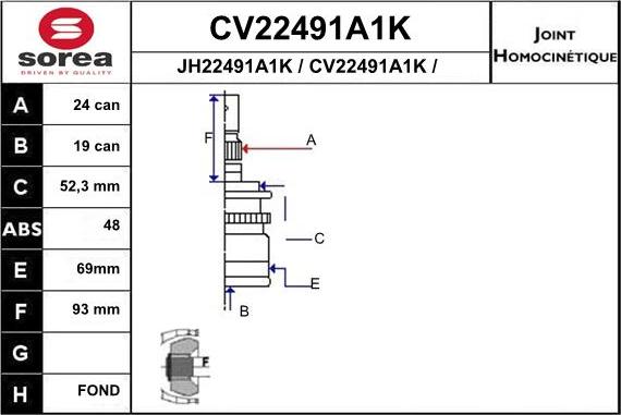 EAI CV22491A1K - Шарнірний комплект, ШРУС, приводний вал autocars.com.ua