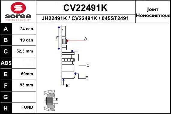 EAI CV22491K - Шарнірний комплект, ШРУС, приводний вал autocars.com.ua