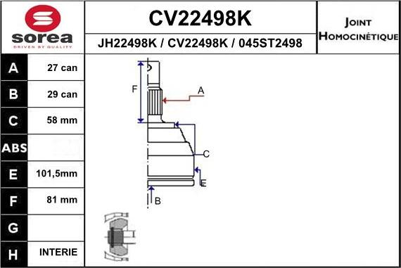 EAI CV22498K - Шарнірний комплект, ШРУС, приводний вал autocars.com.ua