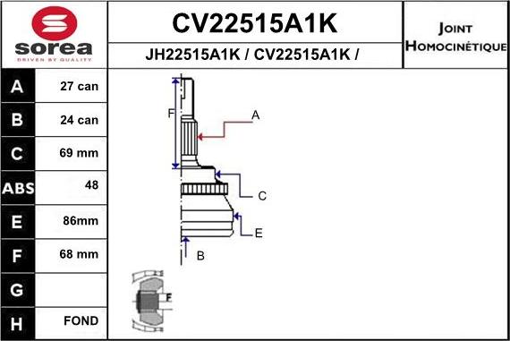 EAI CV22515A1K - Шарнірний комплект, ШРУС, приводний вал autocars.com.ua