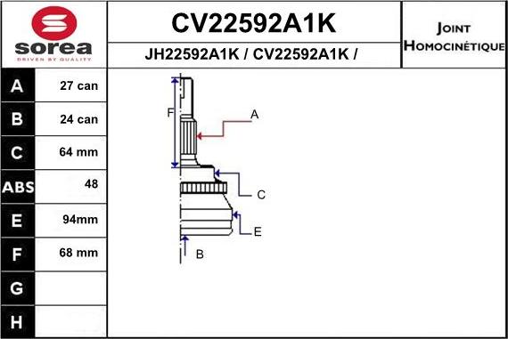 EAI CV22592A1K - Шарнирный комплект, ШРУС, приводной вал avtokuzovplus.com.ua