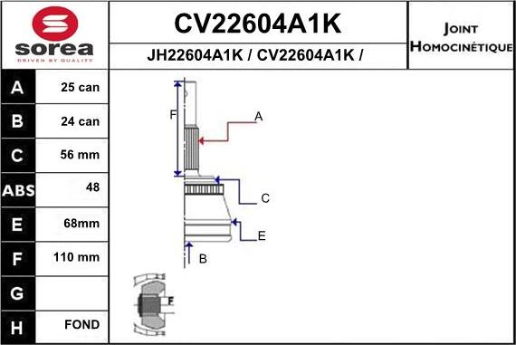 EAI CV22604A1K - Шарнірний комплект, ШРУС, приводний вал autocars.com.ua