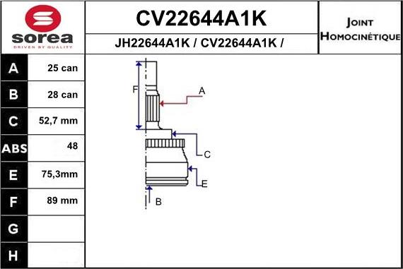 EAI CV22644A1K - Шарнірний комплект, ШРУС, приводний вал autocars.com.ua