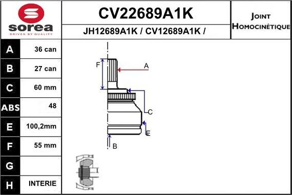 EAI CV22689A1K - Шарнірний комплект, ШРУС, приводний вал autocars.com.ua