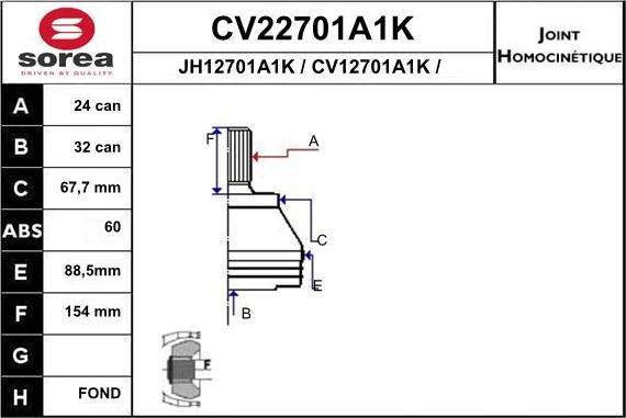 EAI CV22701A1K - Шарнірний комплект, ШРУС, приводний вал autocars.com.ua