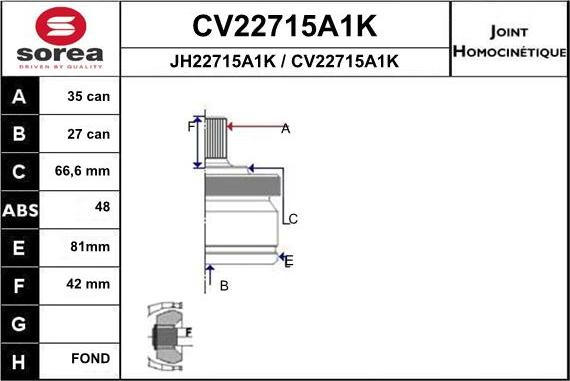 EAI CV22715A1K - Шарнірний комплект, ШРУС, приводний вал autocars.com.ua