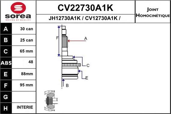 EAI CV22730A1K - Шарнірний комплект, ШРУС, приводний вал autocars.com.ua