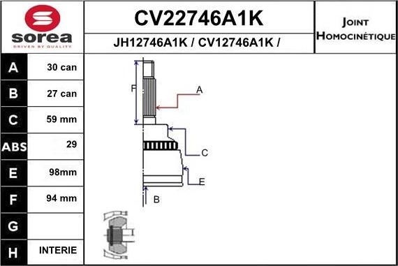 EAI CV22746A1K - Шарнірний комплект, ШРУС, приводний вал autocars.com.ua