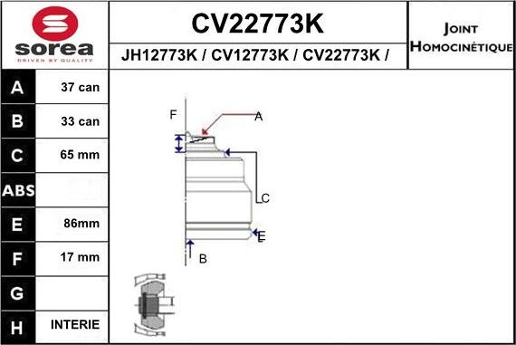 EAI CV22773K - Шарнірний комплект, ШРУС, приводний вал autocars.com.ua