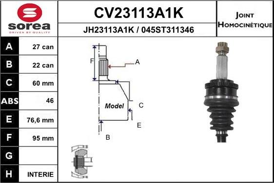 EAI CV23113A1K - Шарнирный комплект, ШРУС, приводной вал avtokuzovplus.com.ua