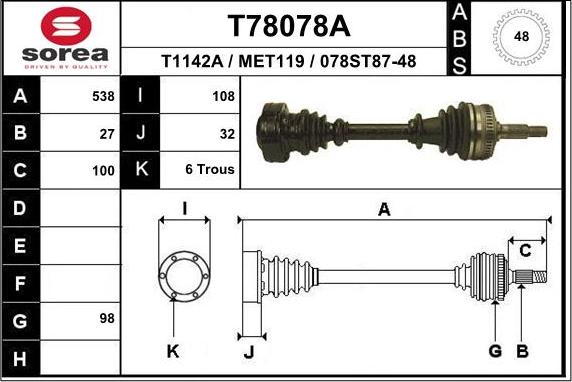 EAI T78078A - Приводний вал autocars.com.ua