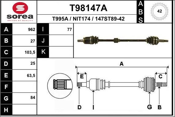 EAI T98147A - Приводний вал autocars.com.ua