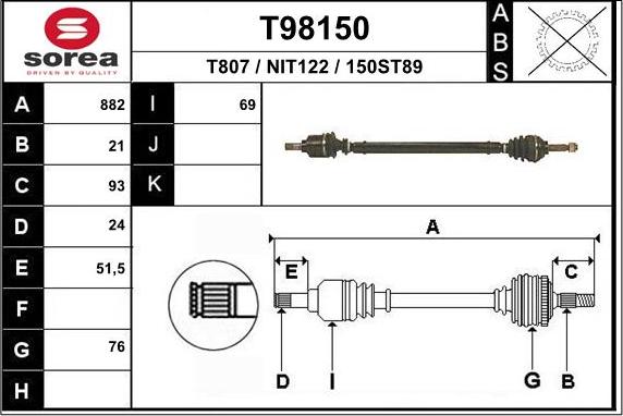 EAI T98150 - Приводний вал autocars.com.ua