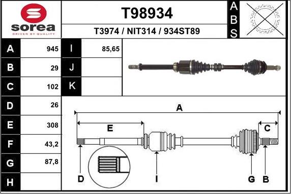 EAI T98934 - Приводний вал autocars.com.ua