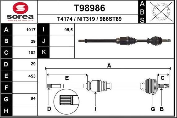 EAI T98986 - Приводний вал autocars.com.ua