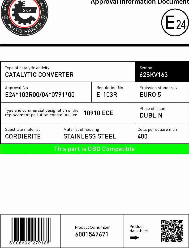 Esen SKV 62SKV163 - Каталізатор autocars.com.ua