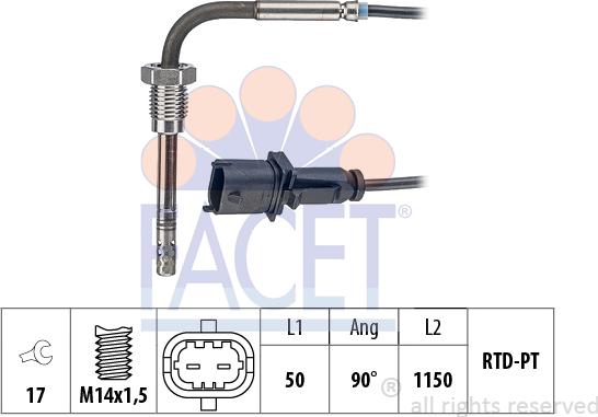 FACET 22.0163 - Датчик, температура вихлопних газів autocars.com.ua