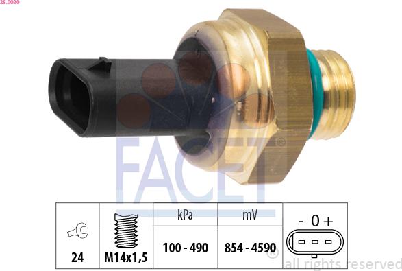 FACET 25.0020 - Датчик, тиск вихлопних газів autocars.com.ua
