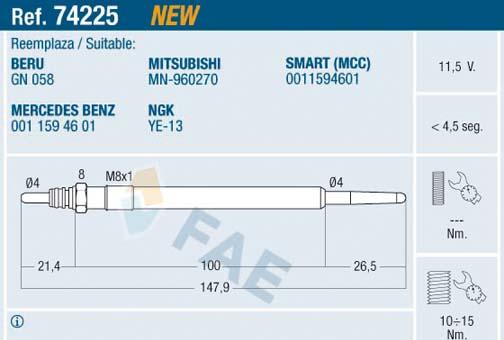 FAE 74225 - Свічка розжарювання autocars.com.ua