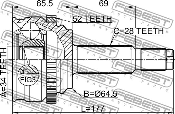 Febest 1410-RODA52 - Шарнірний комплект, ШРУС, приводний вал autocars.com.ua