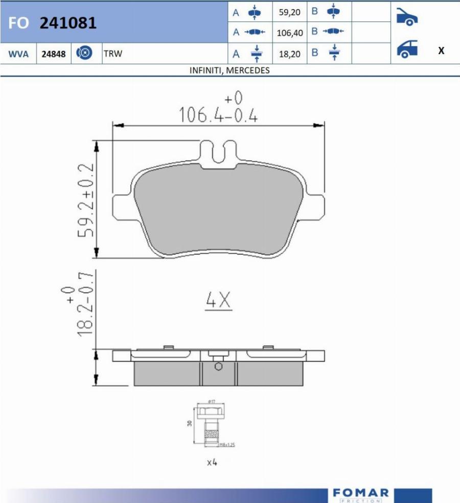 FOMAR Friction FO 241081 - Тормозные колодки, дисковые, комплект avtokuzovplus.com.ua