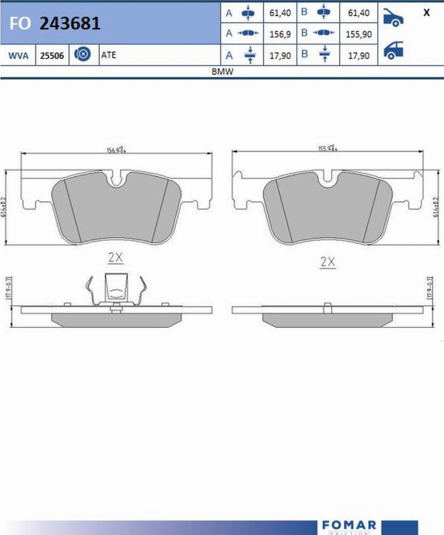 FOMAR Friction FO 243681 - Тормозные колодки, дисковые, комплект avtokuzovplus.com.ua