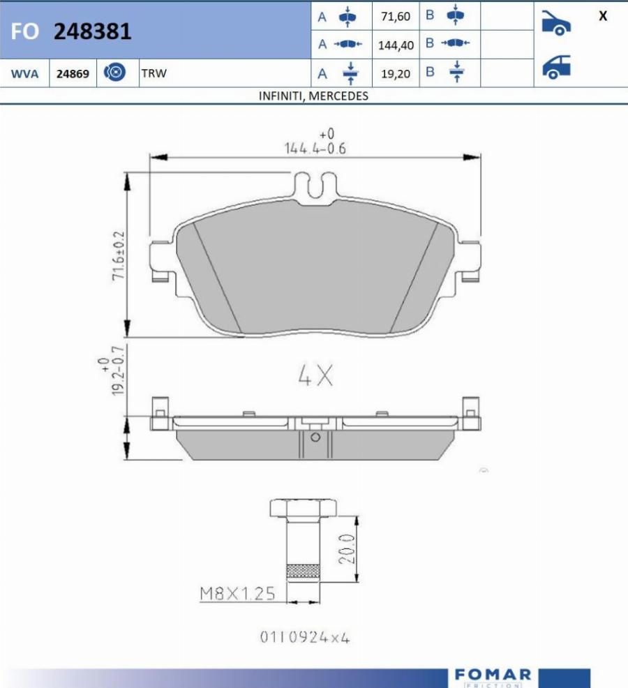 FOMAR Friction FO 248381 - Тормозные колодки, дисковые, комплект avtokuzovplus.com.ua